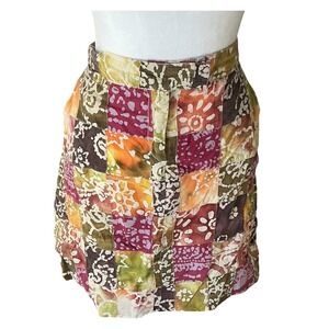 Larry Levine Patchwork Cotton A-Line Skirt Boho Earth Tone Artsy Print